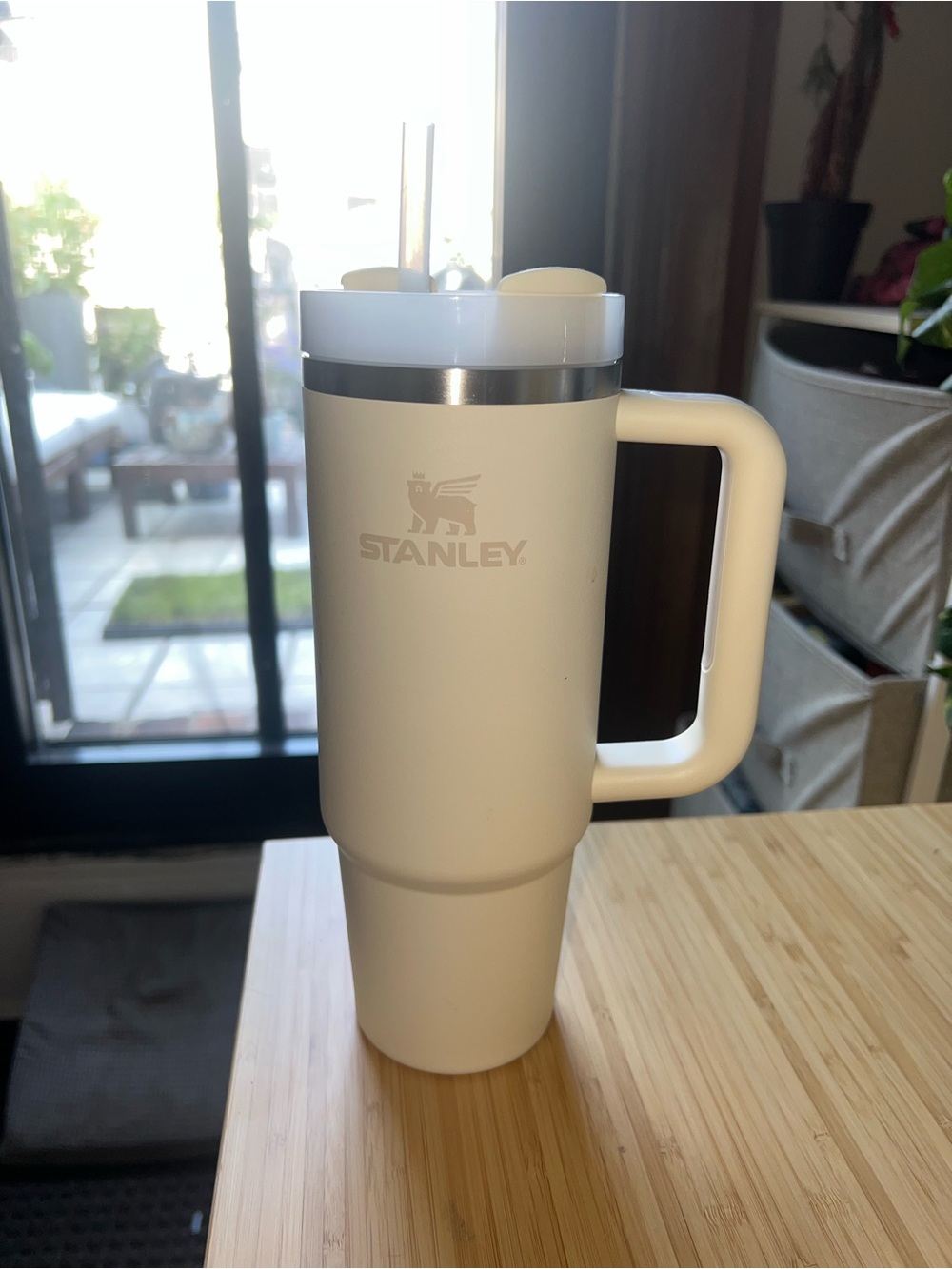 Stanley White Travel Tumbler with Handle and Stainless Trim